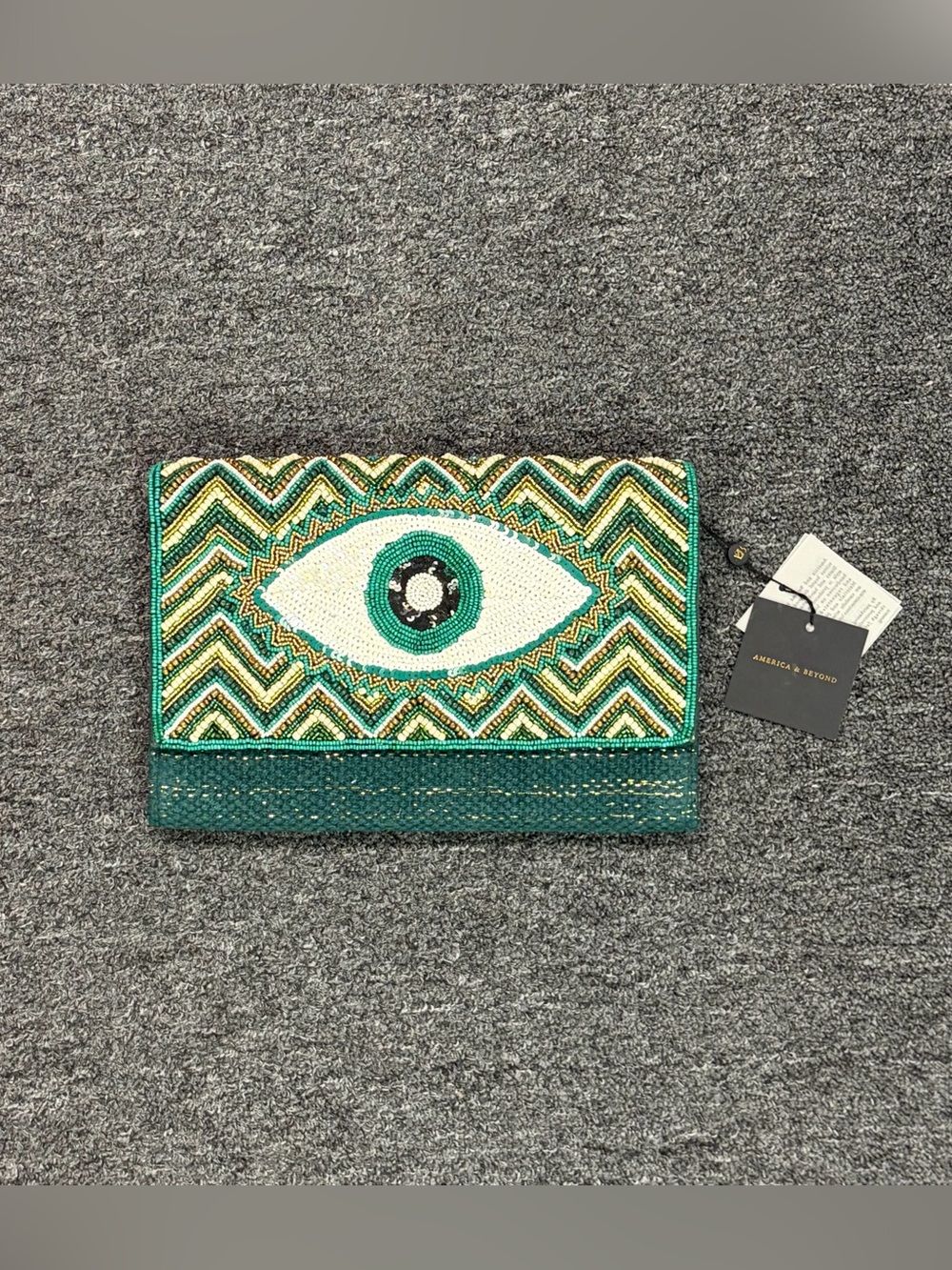 America & Beyond Beaded Evil Eye Clutch w/ Crossbody Strap- Green